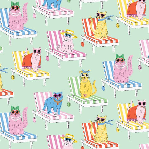 Poolside Purrfection- Mint Multi Feline Fine: Sold by the 1/2 Yard