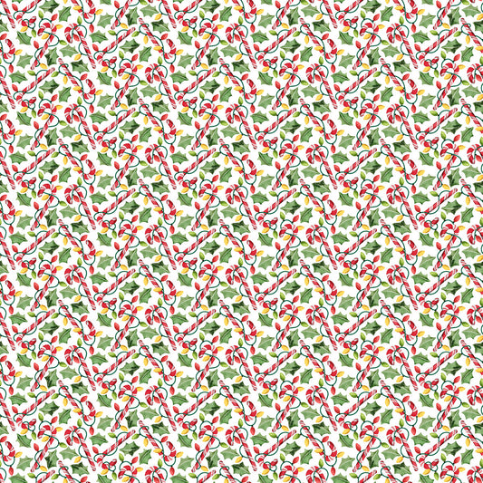 Happy Alcoholidays- White Festive Cane Delight: Sold by the 1/2 yard