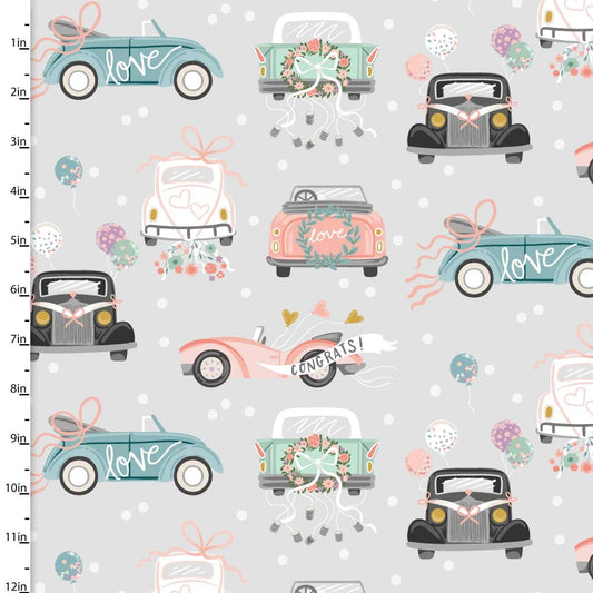 Let's Celebrate, Pop the Bubbly- Gray Just Married Joyride: Sold by the 1/2 yard