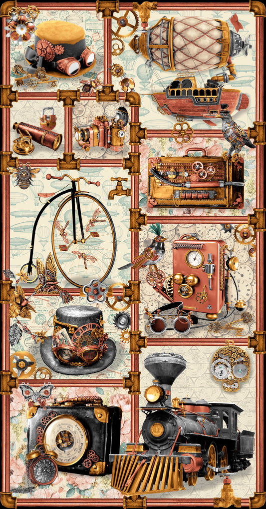 Time Travel- Ivory Steampunk 24" Panel: Sold by the Panel