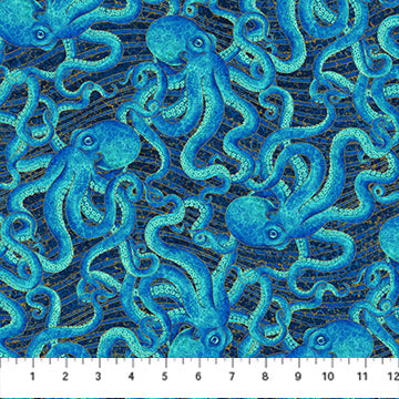 Shimmer Enigma- Blue Octopus with Metallic: Sold by the 1/2 yard