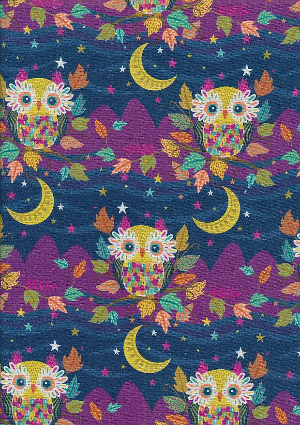 Living Wild- Navy Whimsical Wisdom: Sold by the 1/2 yard