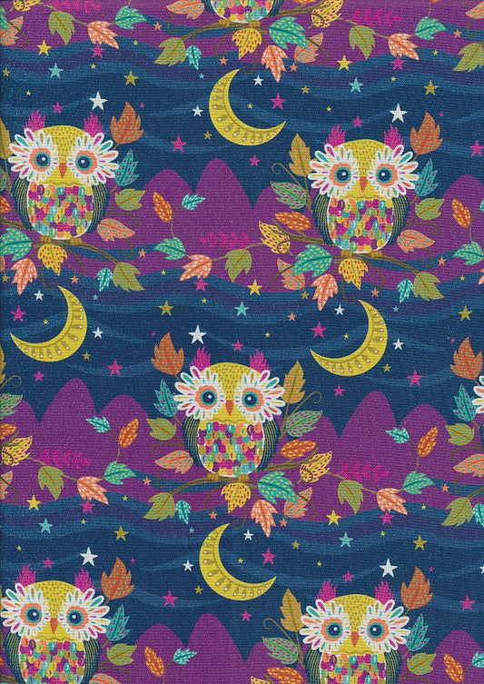 Living Wild- Navy Whimsical Wisdom: Sold by the 1/2 yard