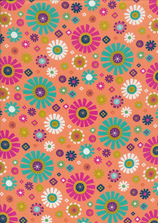 Living Wild- Coral Geo Floral: Sold by the 1/2 yard