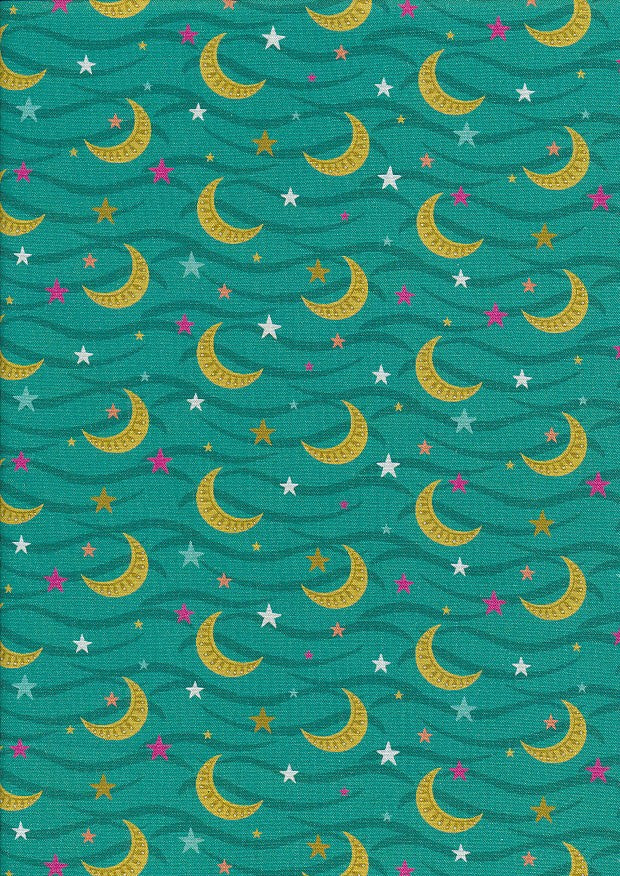 Living Wild- Turquoise Stars and Moons: Sold by the 1/2 yard