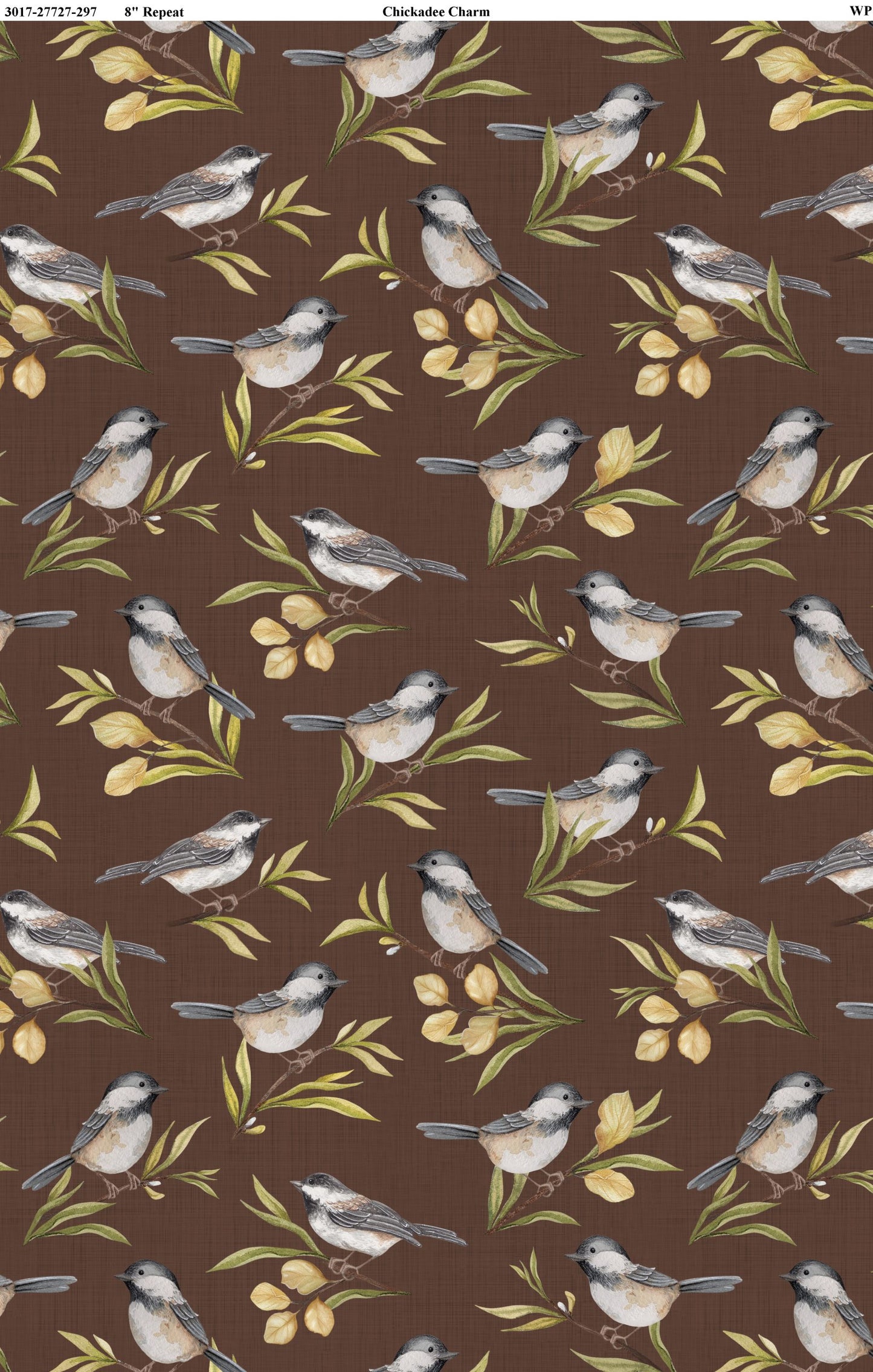 Chickadee Charm- Brown Birds All Over: Sold by the 1/2 Yard