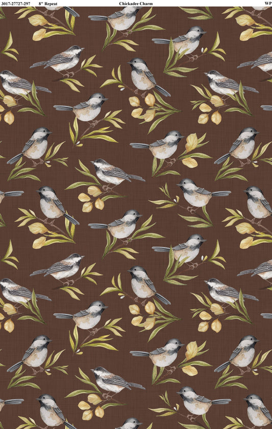 Chickadee Charm- Brown Birds All Over: Sold by the 1/2 Yard