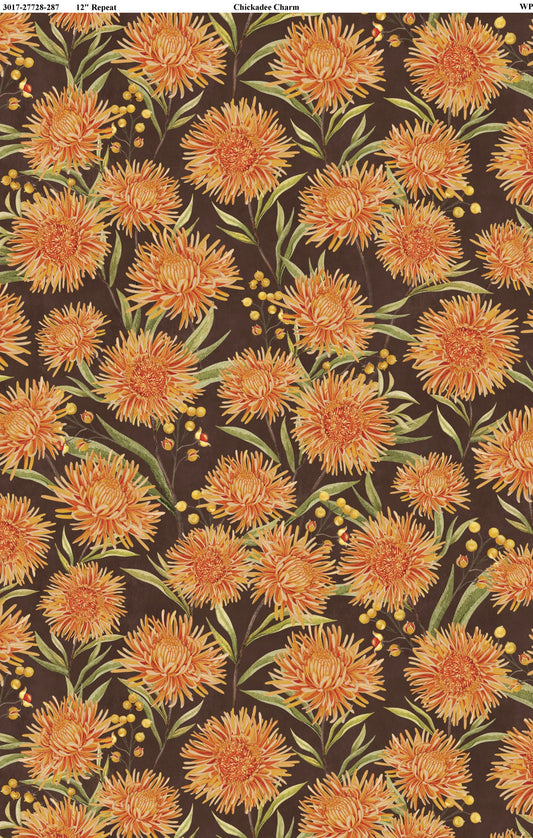 Chickadee Charm- Brown Chrysanthemum All Over: Sold by the 1/2 Yard
