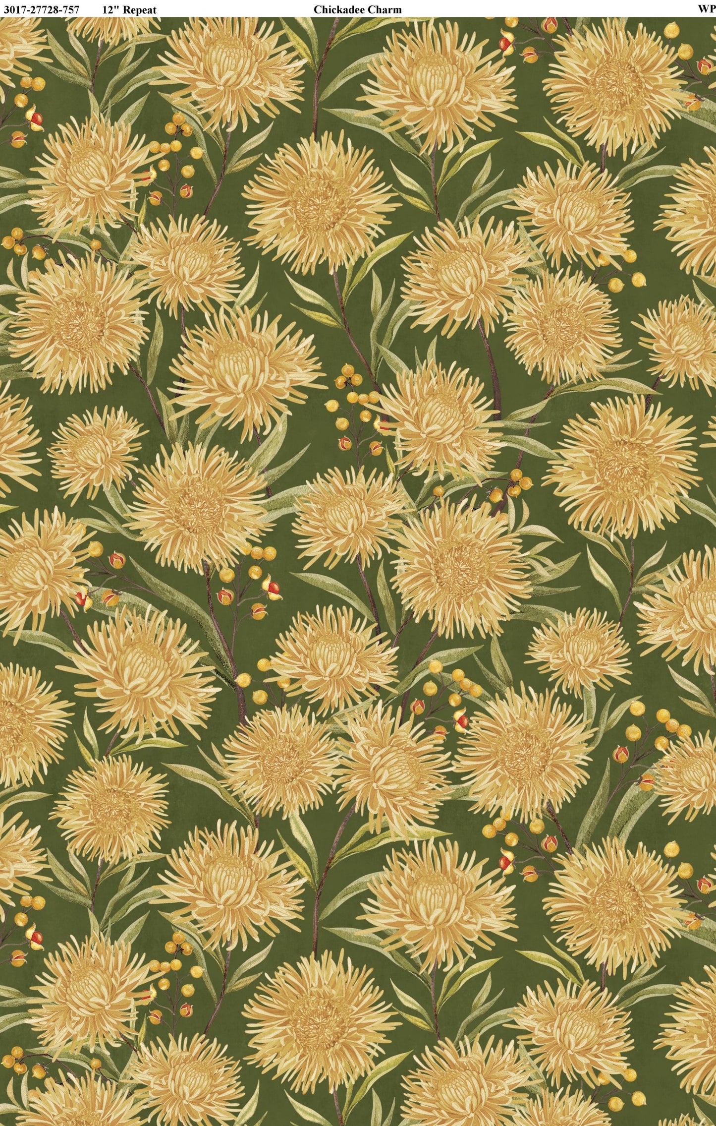 Chickadee Charm- Green Chrysanthemum All Over: Sold by the 1/2 Yard