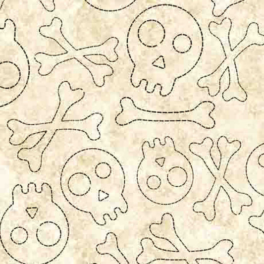 Creepin' It Real- Cream Stitched Skulls: Sold by the 1/2 yard.