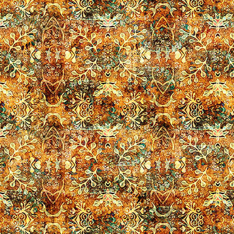 Folklore- Amber Textured Leaf Medallion: Sold by the 1/2 yard
