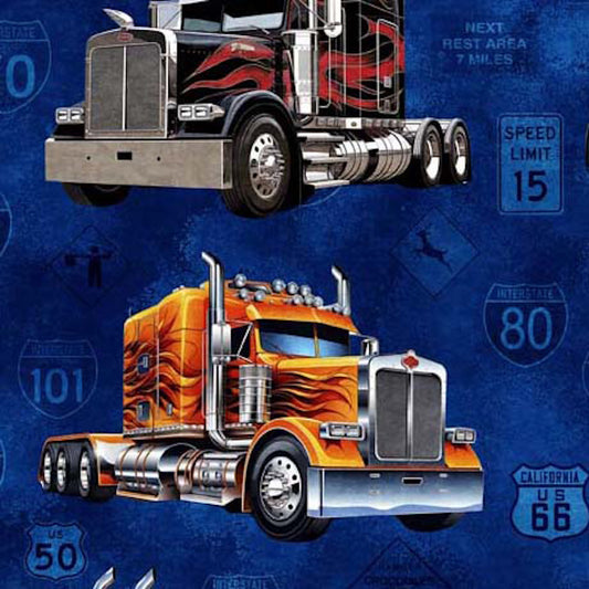 Heavy Metal- Midnight Big Rigs: Sold by the 1/2 yard.