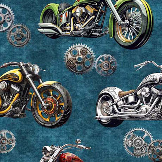 Heavy Metal- Teal Motorcycles: Sold by the 1/2 yard.