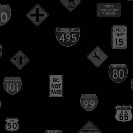 Heavy Metal- Black Road Sign Toss: Sold by the 1/2 yard.