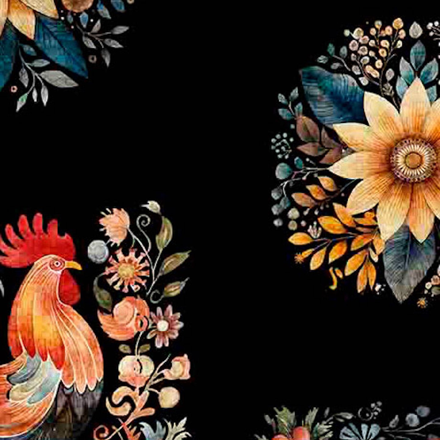 Poultry in Motion- Black Roosters and Sunflowers: Sold by the 1/2 yard.