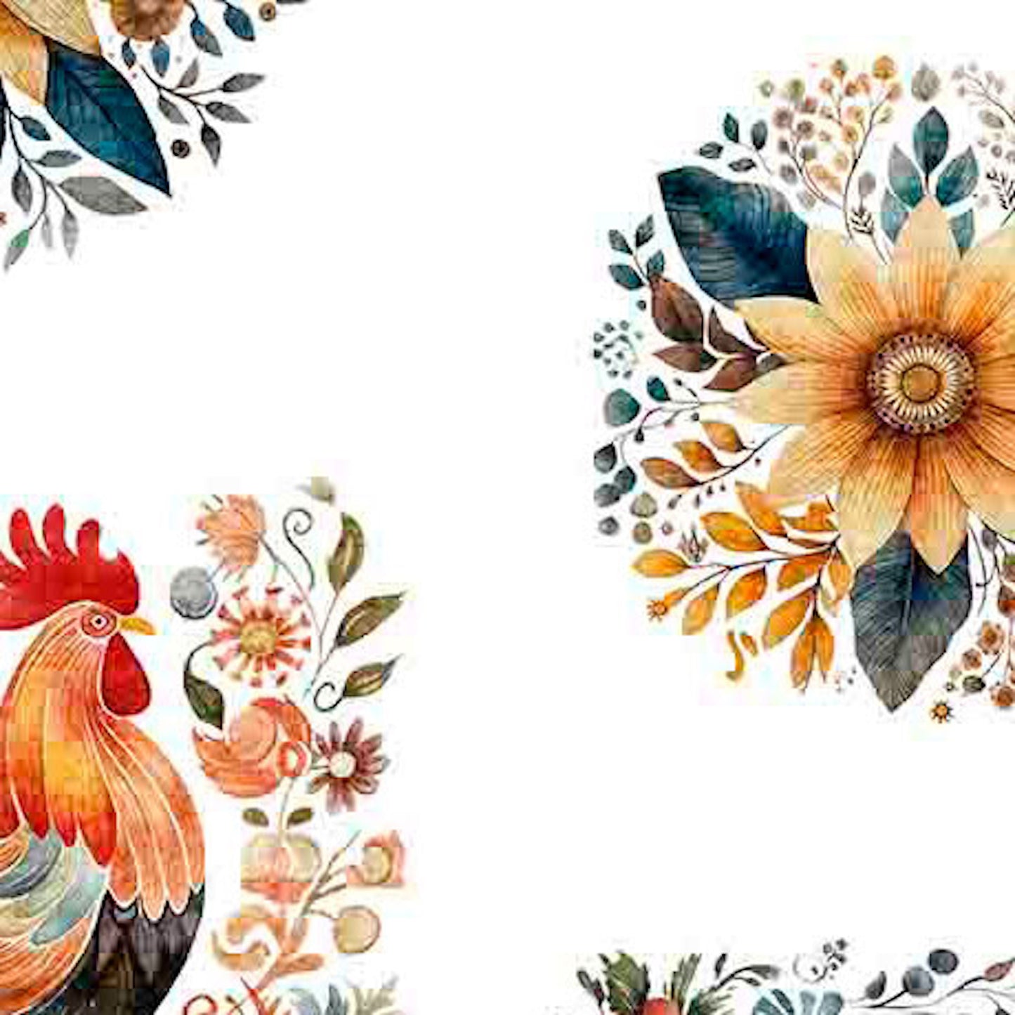 Poultry in Motion- White Roosters and Sunflowers: Sold by the 1/2 yard.