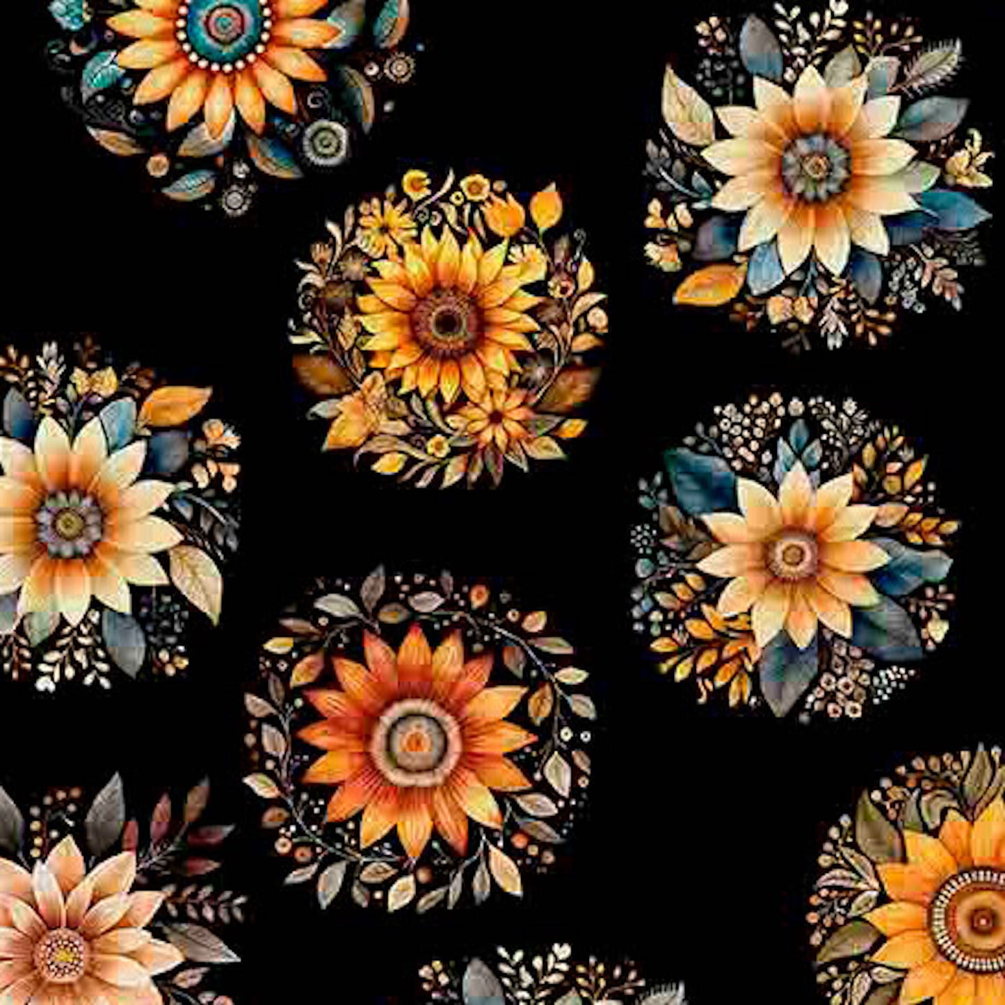 Poultry in Motion- Black Sunflowers: Sold by the 1/2 yard.