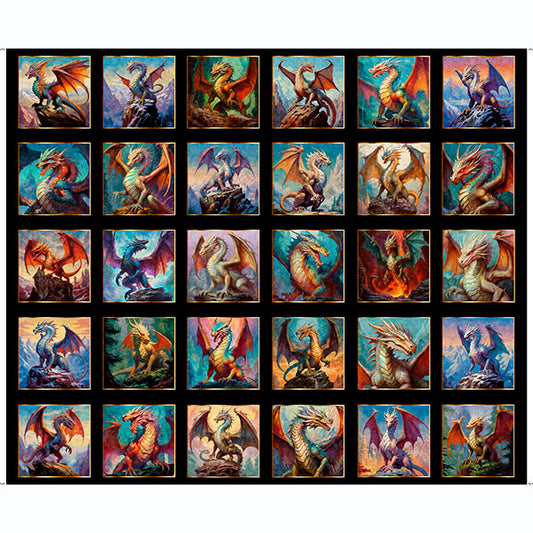 Dragon's Song- Black Dragon Blocks Panel 36": Sold by the panel.