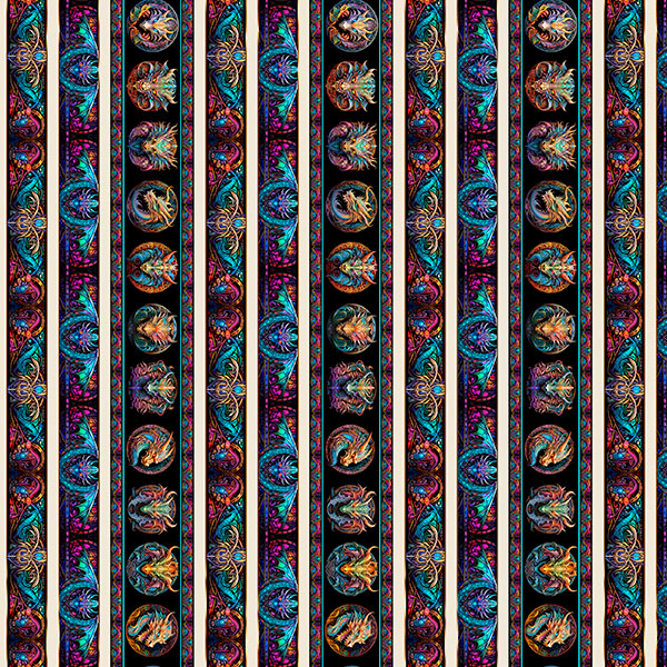 Dragon's Song- Multi Dragon Border Stripe: Sold by the 1/2 yard.