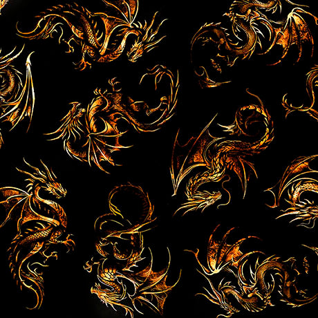 Dragon's Song- Black Dragon Linocut: Sold by the 1/2 yard.