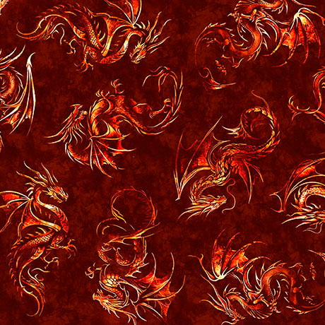 Dragon's Song- Brick Dragon Linocut: Sold by the 1/2 yard.