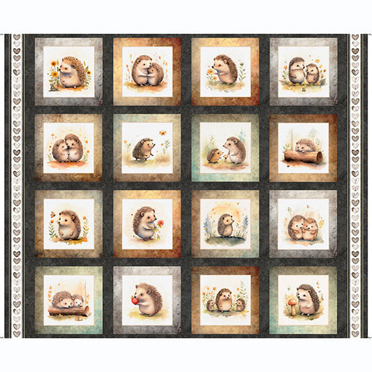 Hedgehugs- Charcoal Hedgehog Picture Patches 36" Panel: Sold by the Panel