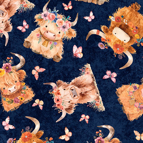 QT Cuties 2- Navy Baby Highland Cows: Sold by the 1/2 yard