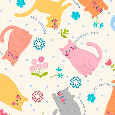 Purrty Plants & Cats- Cream Tossed Cats: Sold by the 1/2 yard