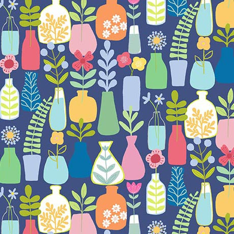 Purrty Plants & Cats- Navy Plants & Vases: Sold by the 1/2 yard