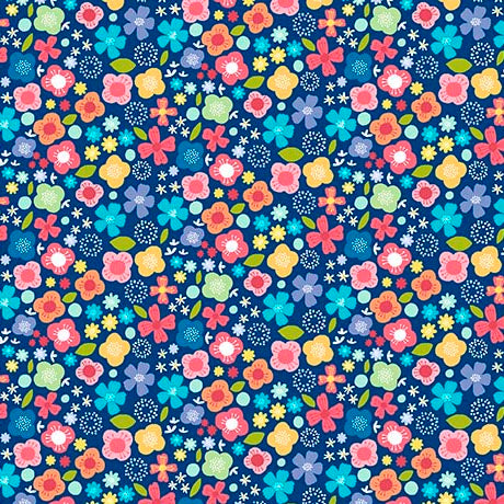 Purrty Plants & Cats- Navy Packed Flowers: Sold by the 1/2 yard