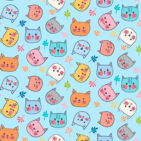 Purrty Plants & Cats- LT Blue Kitty Heads: Sold by the 1/2 yard