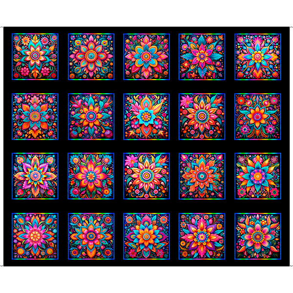 Jubilee- Black Floral Geo Picture Patches 36" Panel: Sold by the Panel.