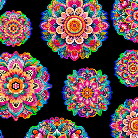 Jubilee- Black Mandalas: Sold by the 1/2 yard
