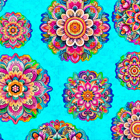 Jubilee- Turquoise Mandalas: Sold by the 1/2 yard