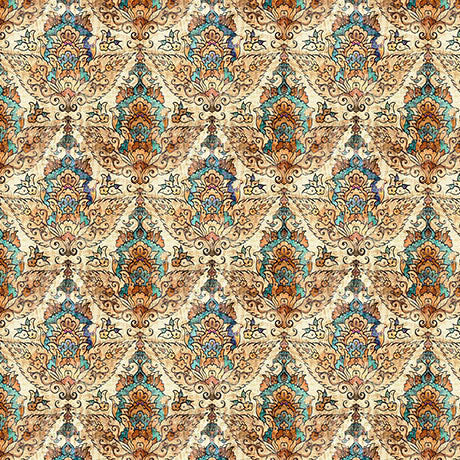 Folklore- Dk Tan Medieval Crest Geo: Sold by the 1/2 yard