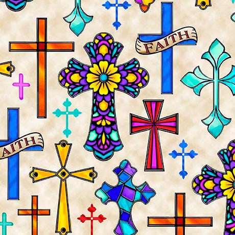 Guardian Angel- Tan Crosses: Sold by the 1/2 yard