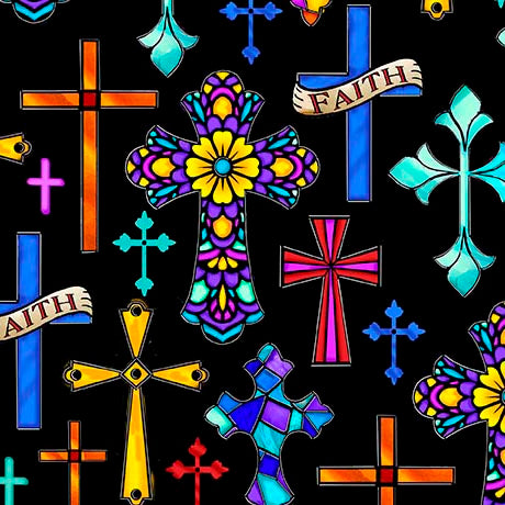 Guardian Angel- Black Crosses: Sold by the 1/2 yard