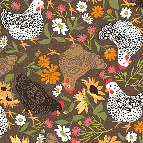 Chickens in the Meadow- Brown Chickens & Flowers: Sold by the 1/2 yard