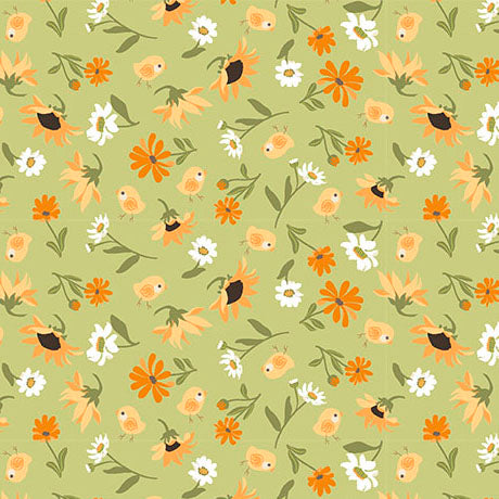 Chickens in the Meadow- Sage Tossed Meadow Flowers: Sold by the 1/2 yard