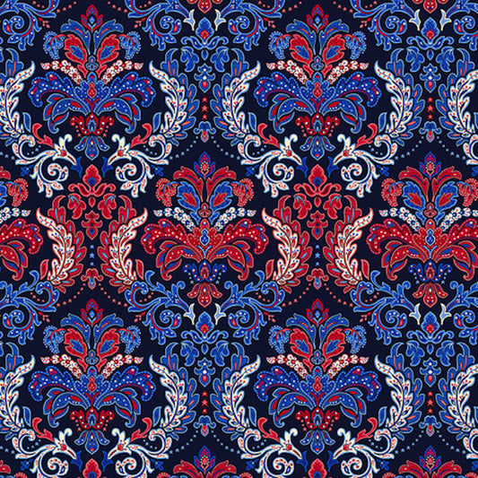 Liberty Hill- Navy Damask: Sold by the 1/2 Yard