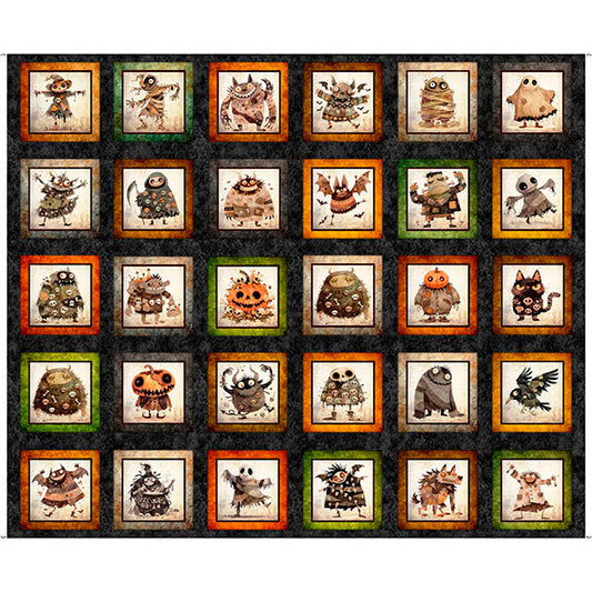 A Haunting We Will Go- Charcoal Halloween Monster Patch 36" Panel: Sold by the PANEL