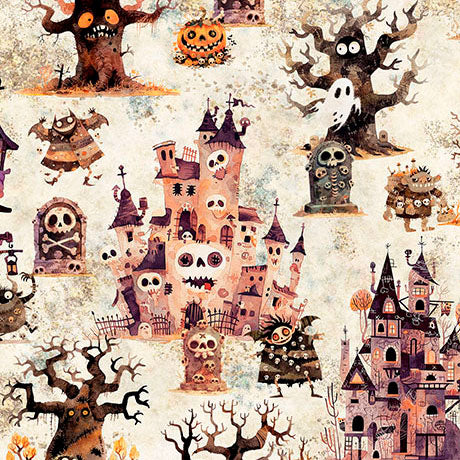 A Haunting We Will Go- Oatmeal Haunted Landscape: Sold by the 1/2 yard