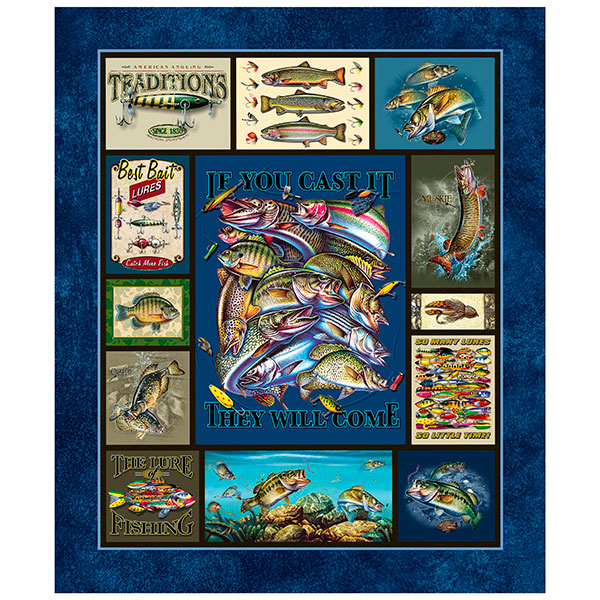 The Lure of Fishing- Multi The Lure of Fishing 36" Panel: Sold by the PANEL