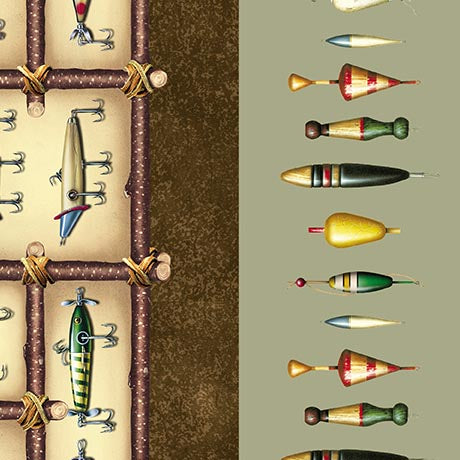The Lure of Fishing- Sage/Brown Fishing Border Stripe: Sold by the 1/2 yard