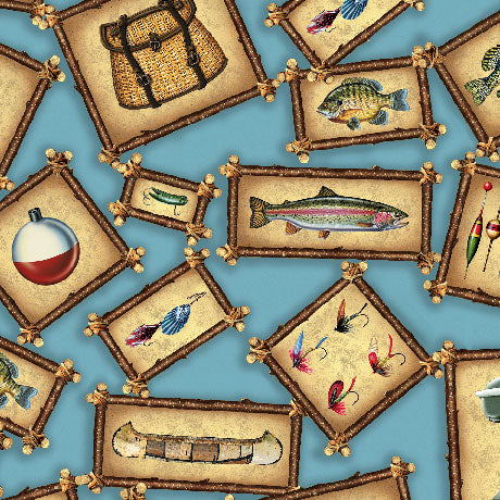 The Lure of Fishing- Blue Fishing Patches: Sold by the 1/2 yard
