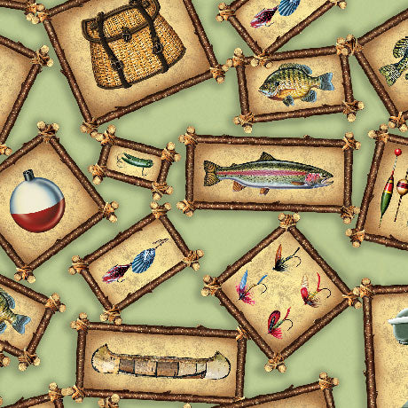 The Lure of Fishing- LT Green Fishing Patches: Sold by the 1/2 yard