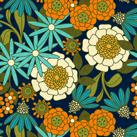 Patchouli Prints- Navy Retro Mixed Floral: Sold by the 1/2 yard
