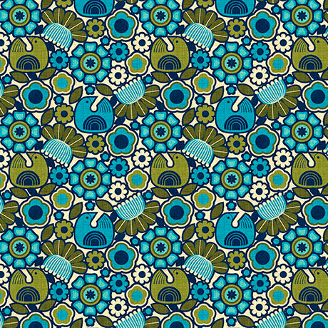 Patchouli Prints- Blue Retro Flower Geo: Sold by the 1/2 yard