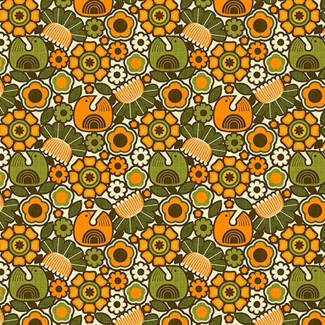 Patchouli Prints- Green Retro Flower Geo: Sold by the 1/2 yard