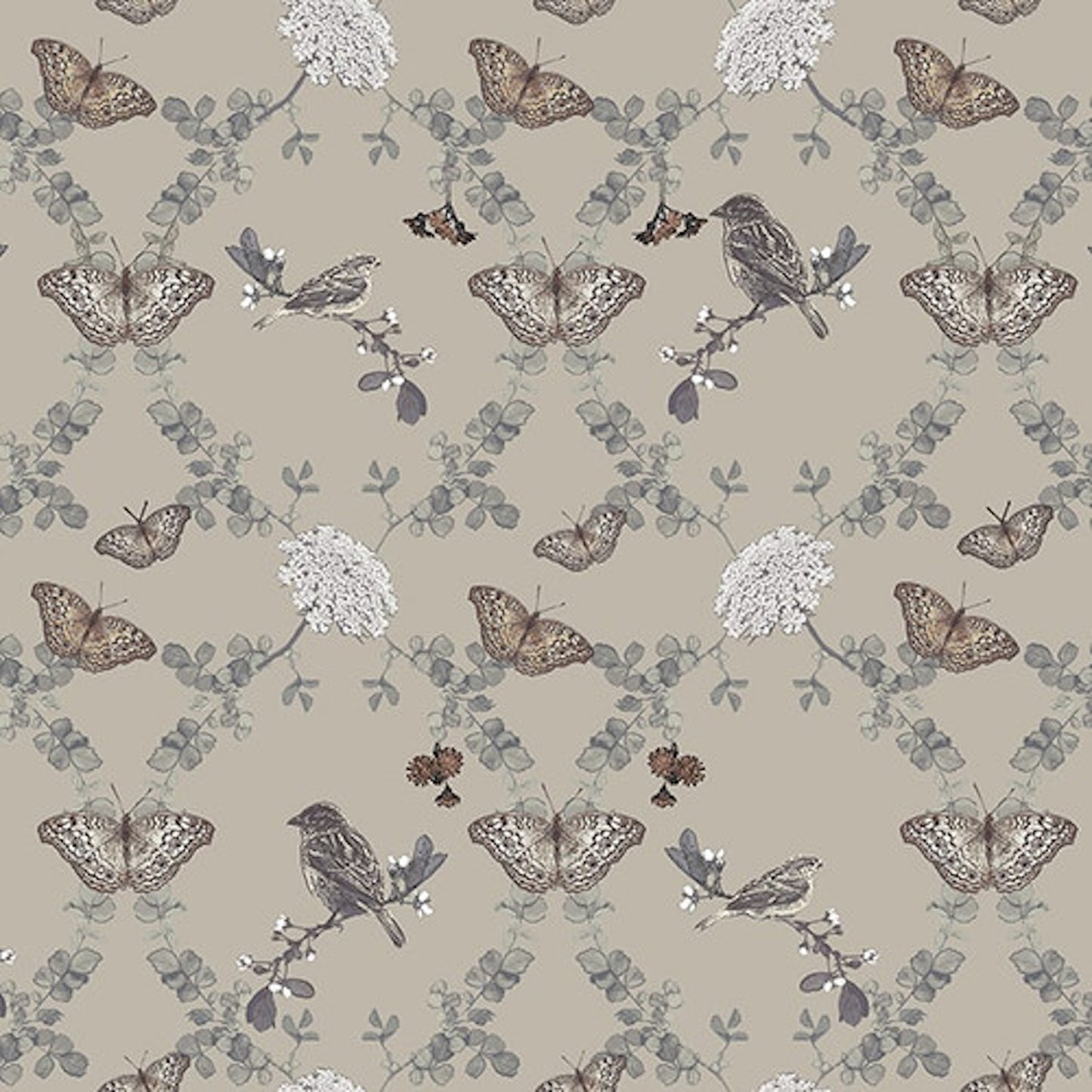 Nature's Whisper- Gray Birds, Butterflies, and Flowers: Sold by the 1/2 yard